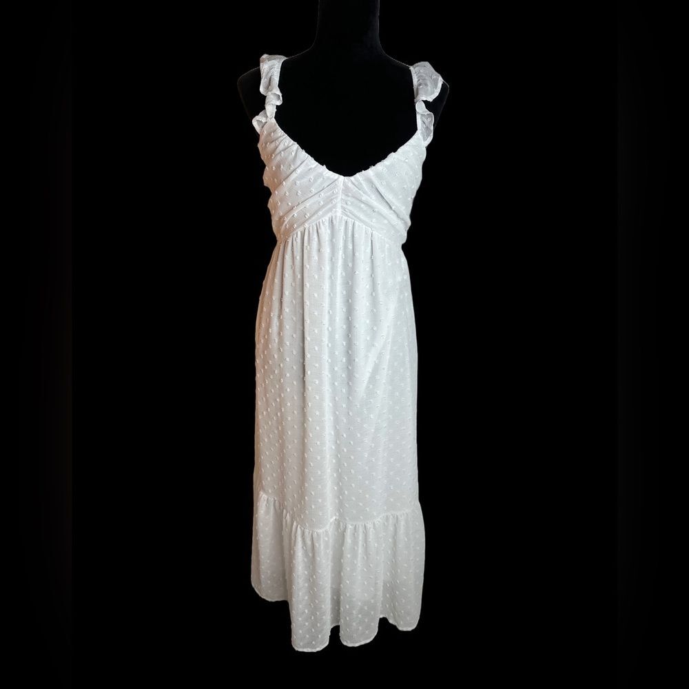 White Ruffled Maxi Dress with Polka Dot Texture